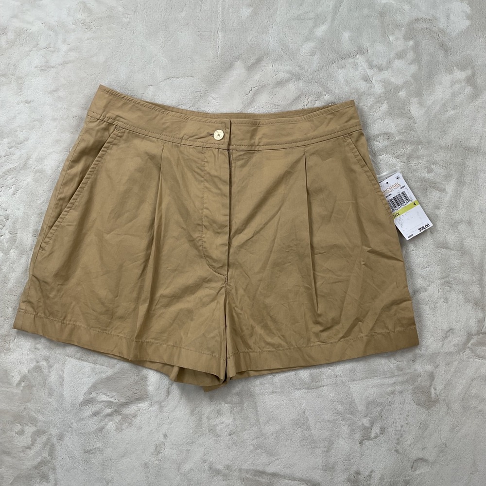 Michael Kors Womens Pleated Cotton Shorts Khaki Tan High Rise Size 4 NEW